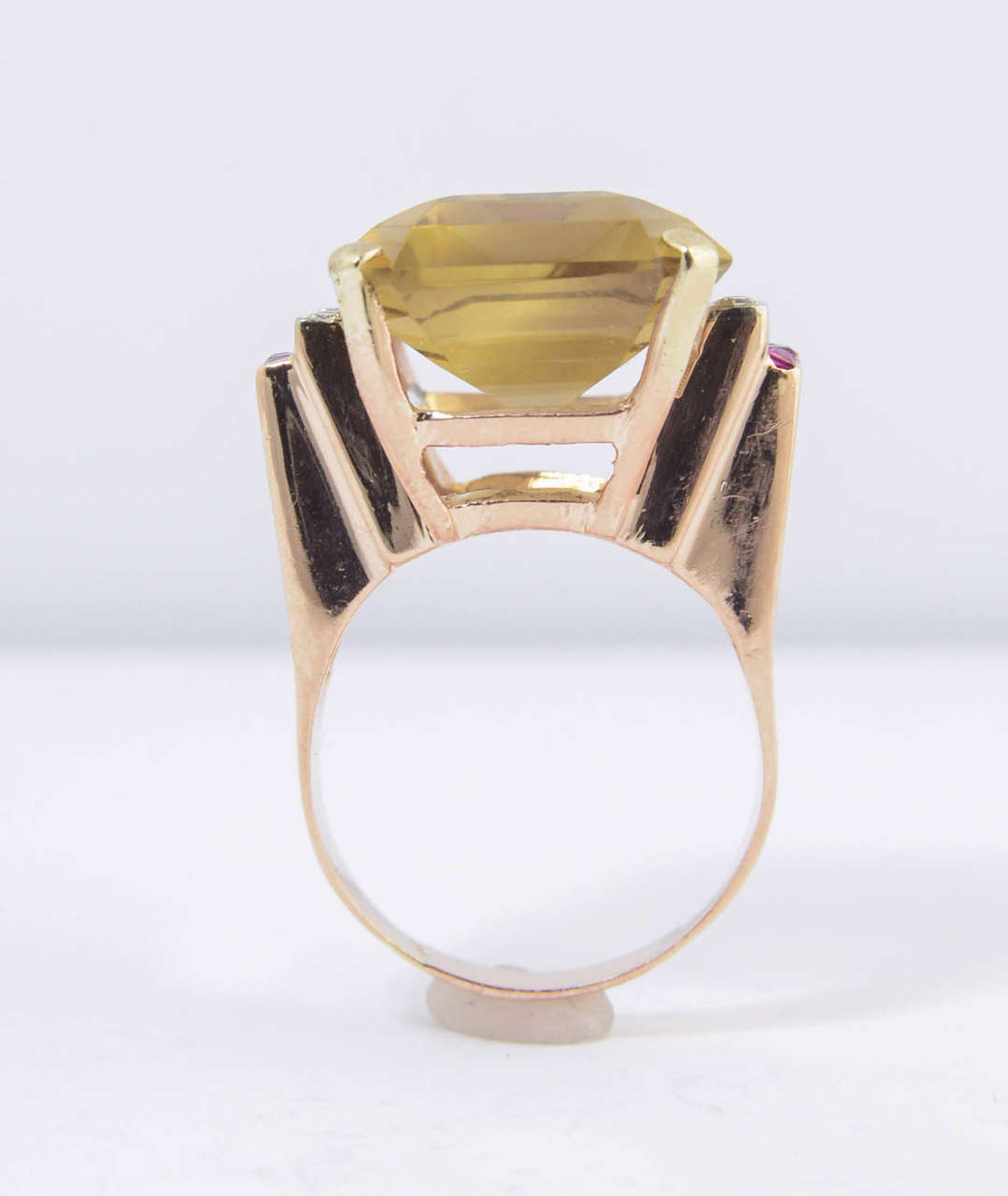 Retro Citrine Synthetic Ruby Diamond Gold Cocktail Ring For Sale 1