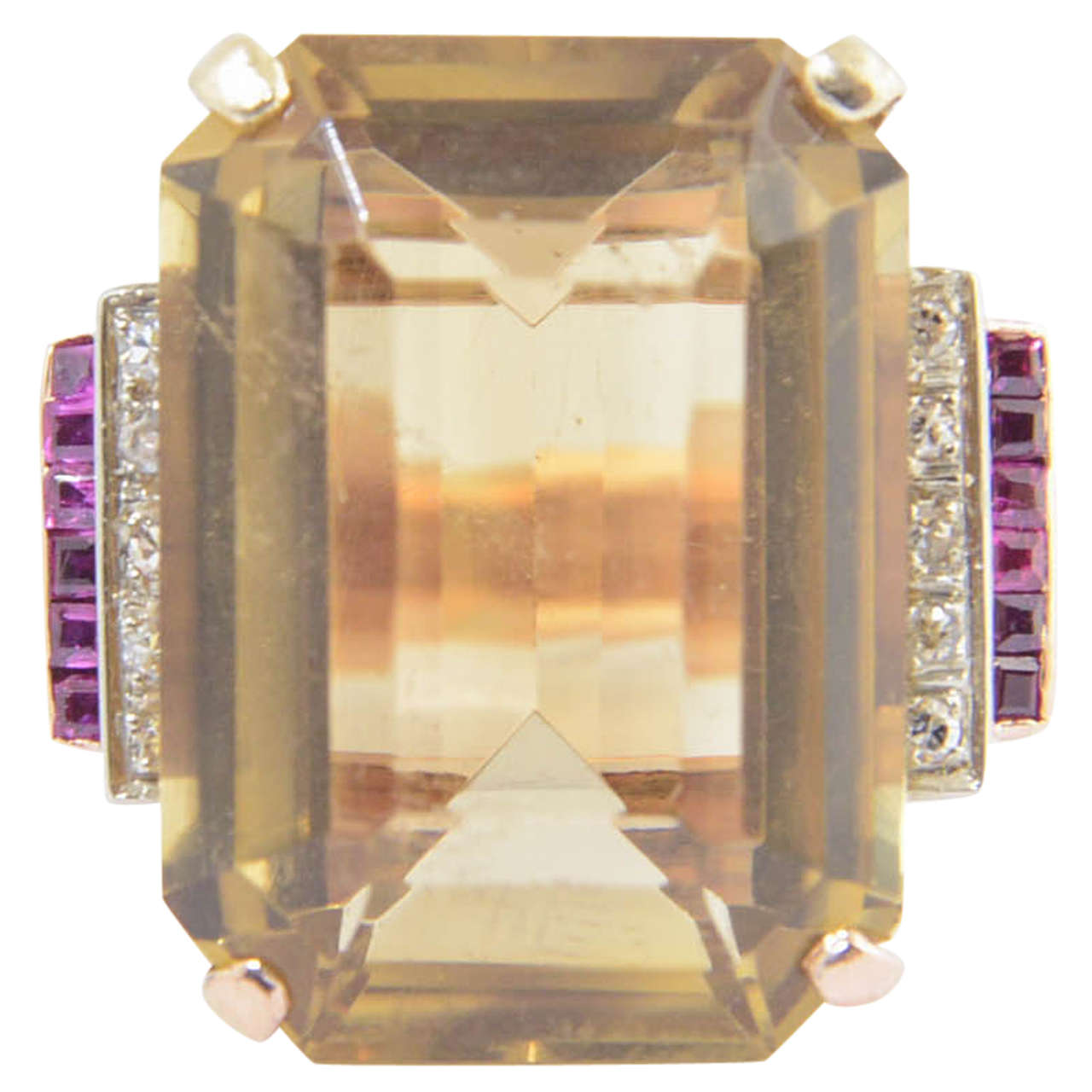 Retro Citrine Synthetic Ruby Diamond Gold Cocktail Ring For Sale