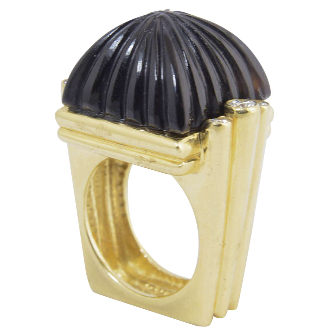 Stylized Carved Onyx and Diamond Gold Ring