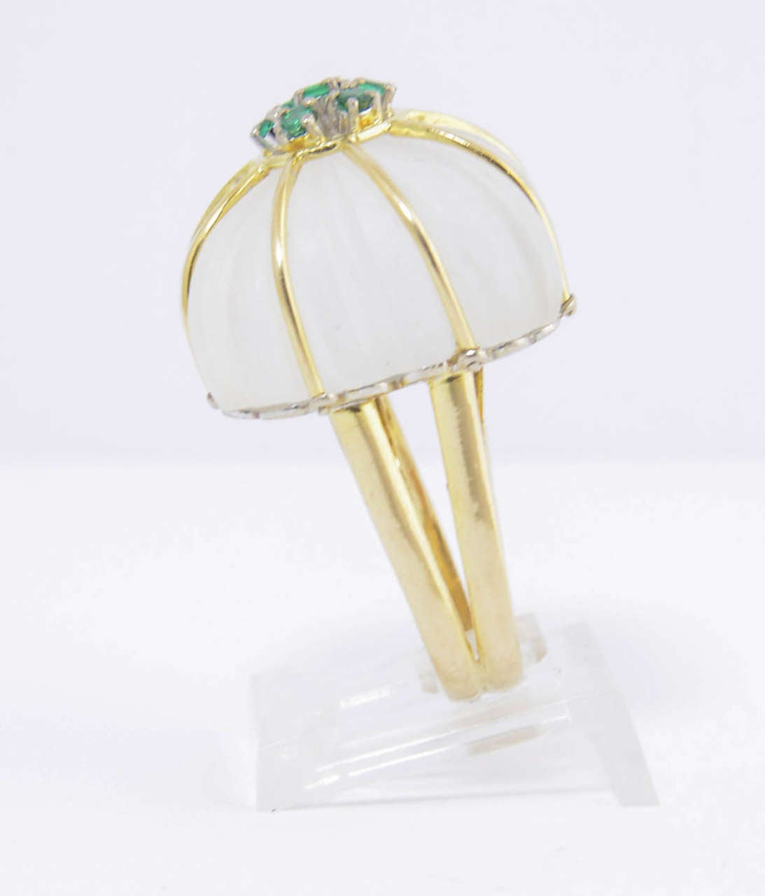 Women's 1970s Carved Rock Crystal Emerald Gold Ring