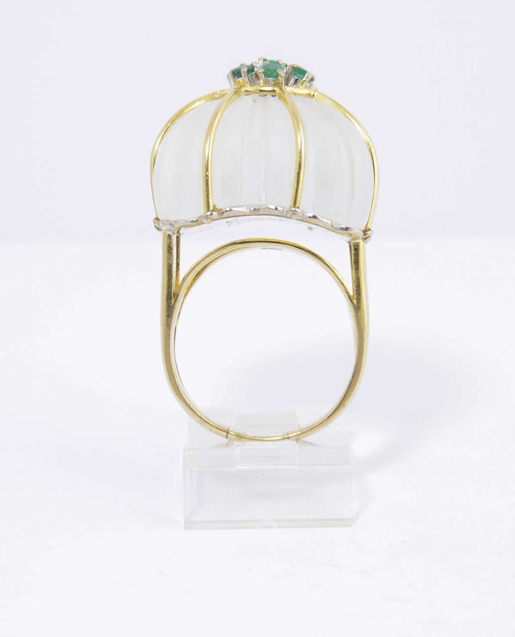 1970s Carved Rock Crystal Emerald Gold Ring 1