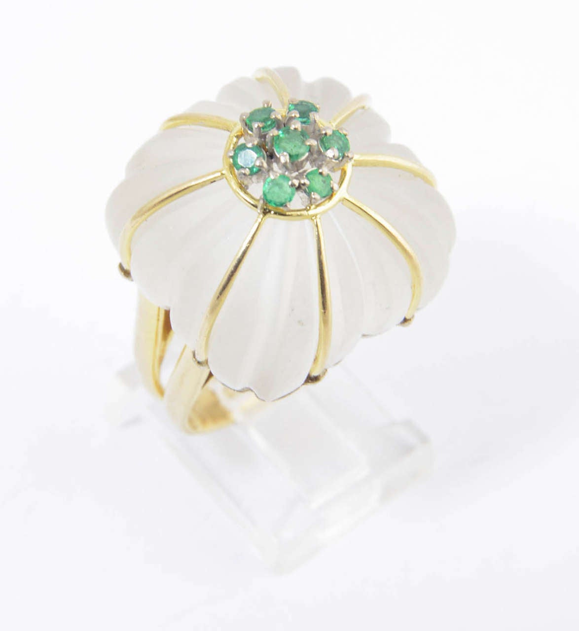 1970s Carved Rock Crystal Emerald Gold Ring 2