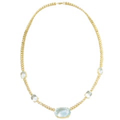 Retro 20th Century Aquamarine Diamond Yellow Gold Necklace