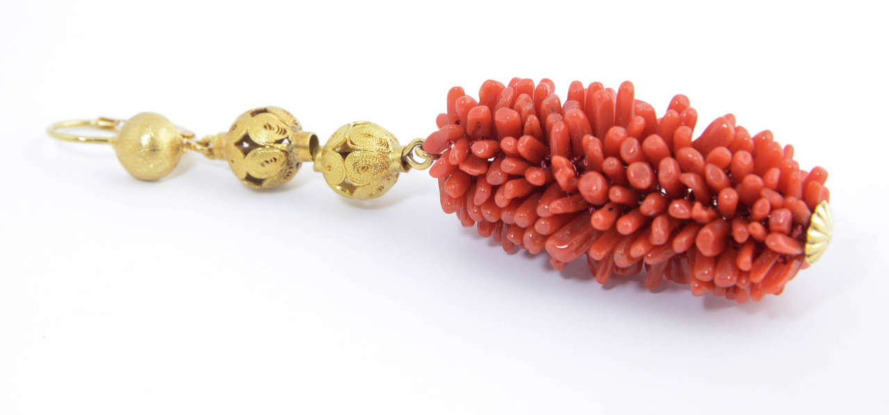 Women's 20th Century Long Coral Gold Ball Dangling Earrings For Sale