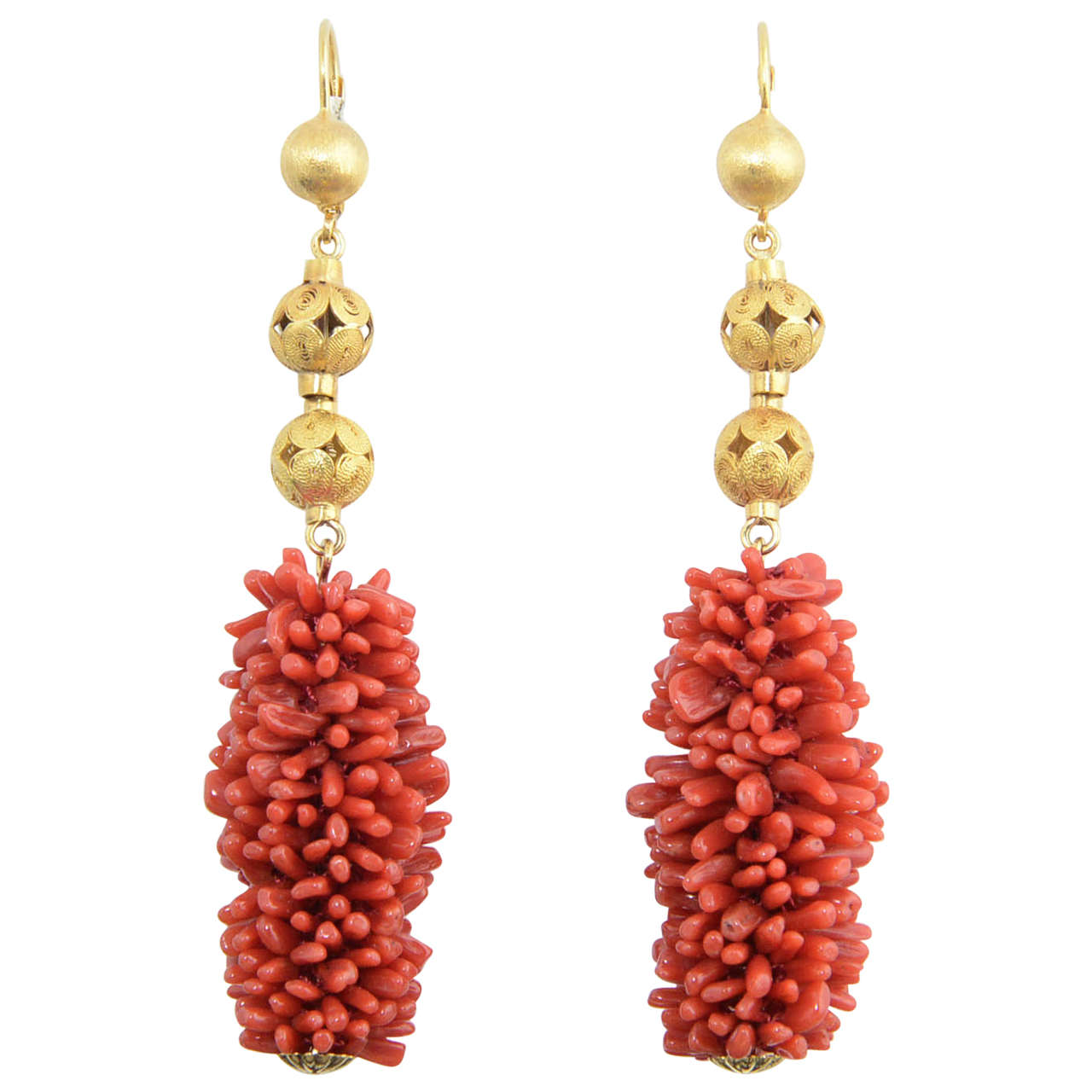 20th Century Long Coral Gold Ball Dangling Earrings For Sale