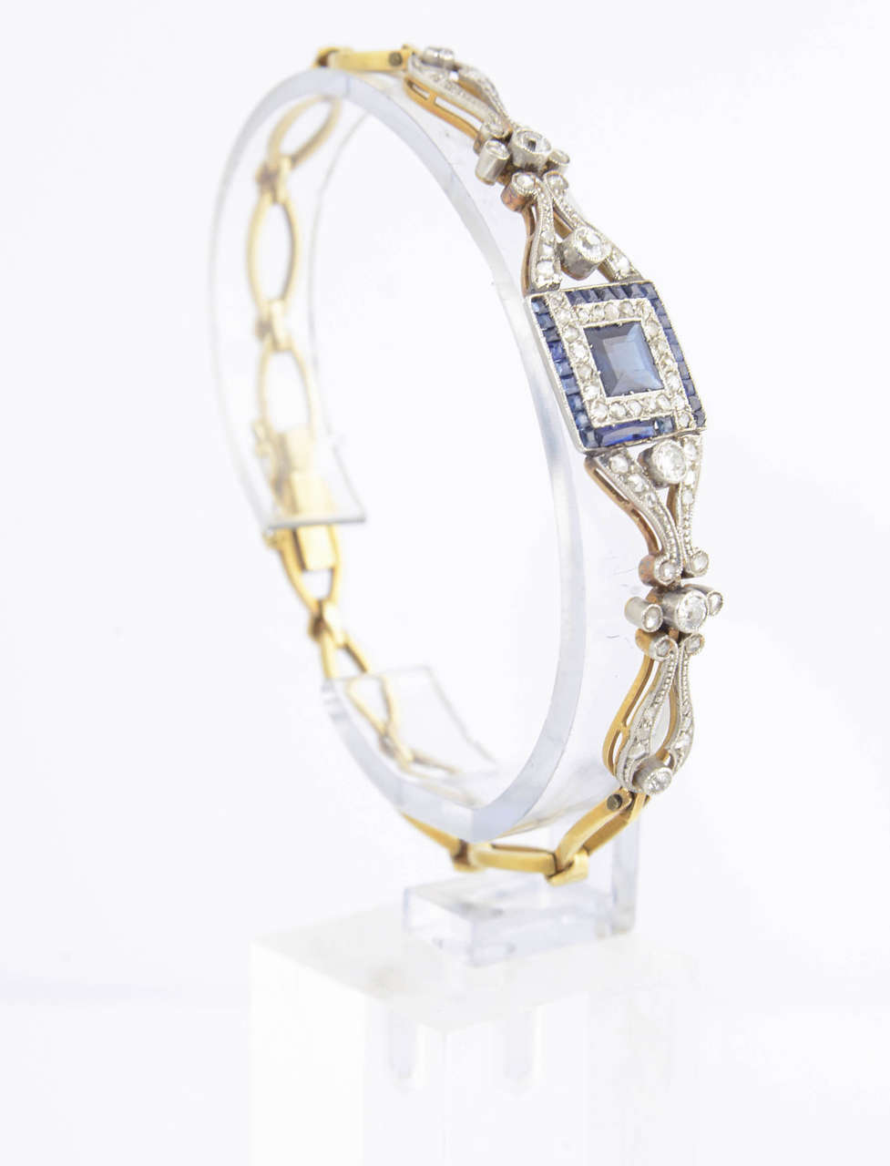 Belle Époque Saphir-Diamant-Gold-Platin-Armband (Rundschliff) im Angebot