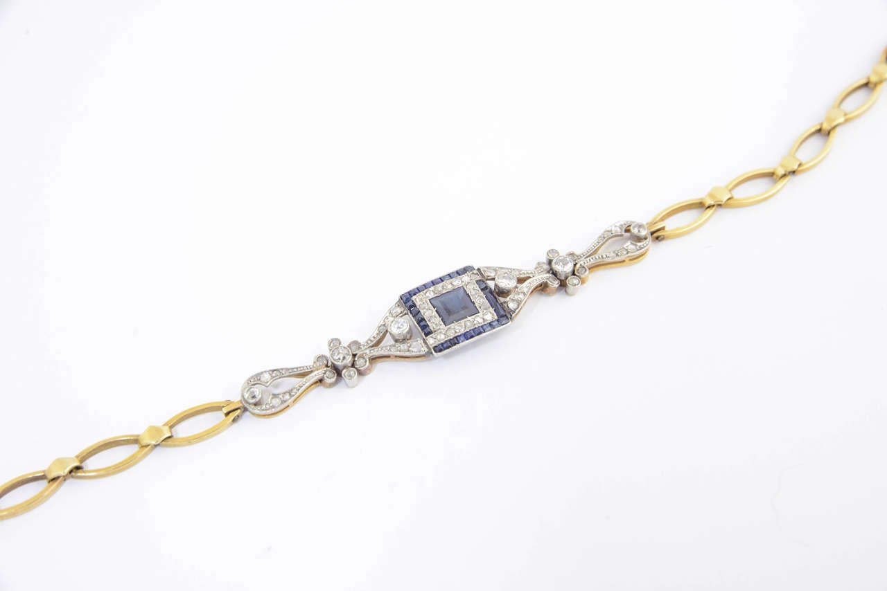 Belle Époque Sapphire Diamond Gold Platinum Bracelet For Sale 1