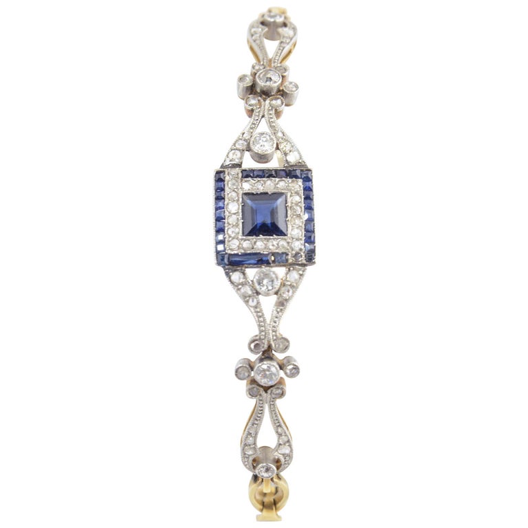 Belle Époque Sapphire Diamond Gold Platinum Bracelet For Sale at 