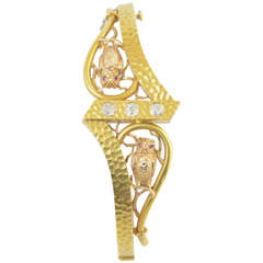 Victorian Owl Hammered Gold Diamond Bangle Bracelet 5