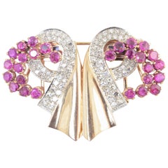 Retro Ruby and Diamond Rose Gold Ribbon Double Clips Brooch