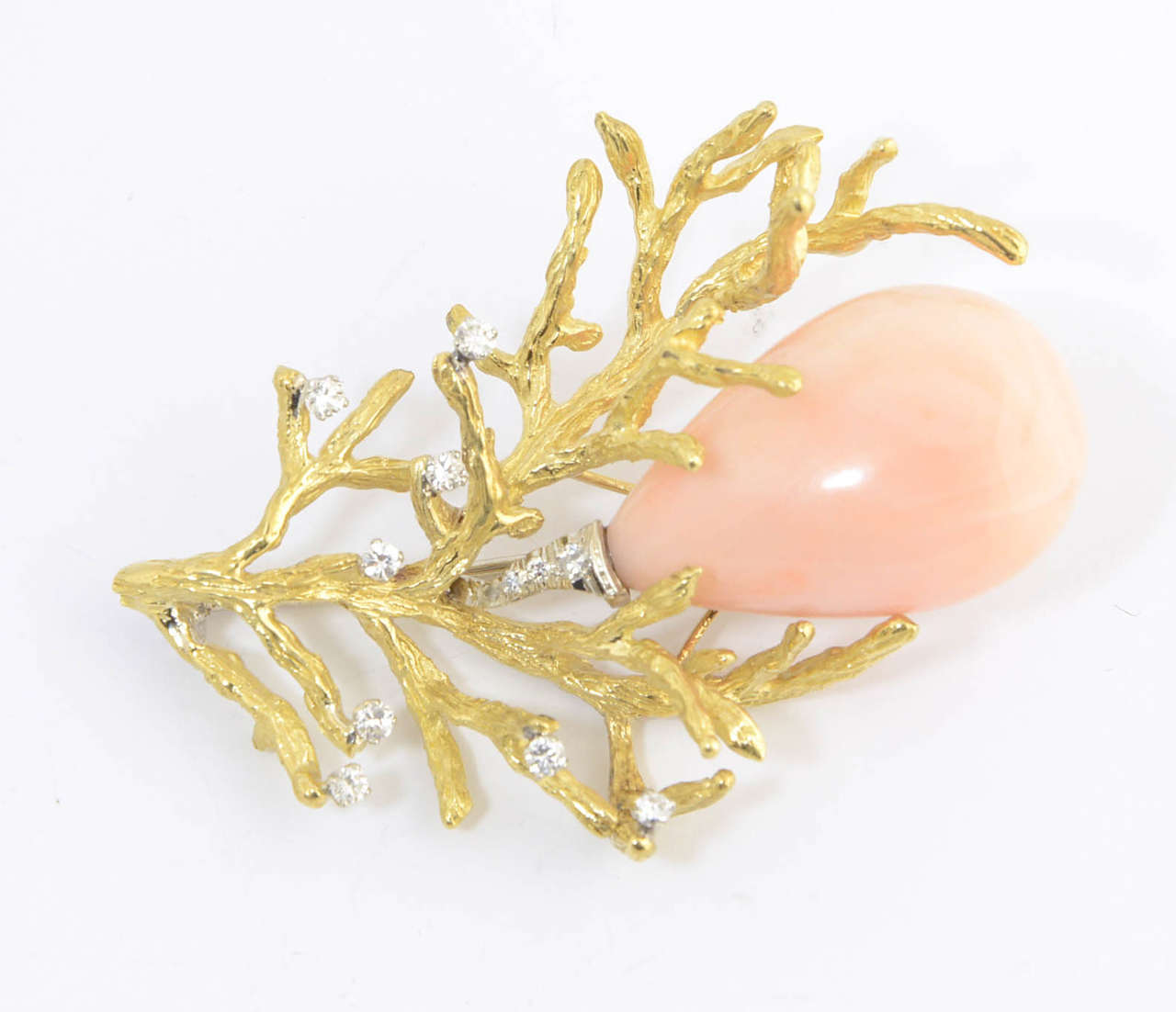 Pear Cut 1960s Angel Skin Coral and Diamond Gold Bark Branch Brooch For Sale