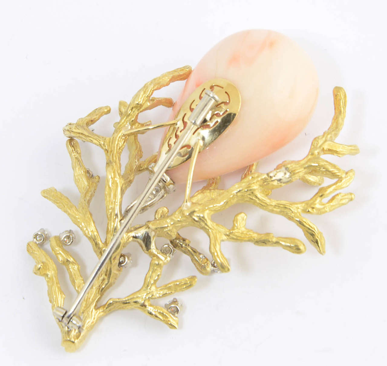 1960s Angel Skin Coral and Diamond Gold Bark Branch Brooch For Sale 1