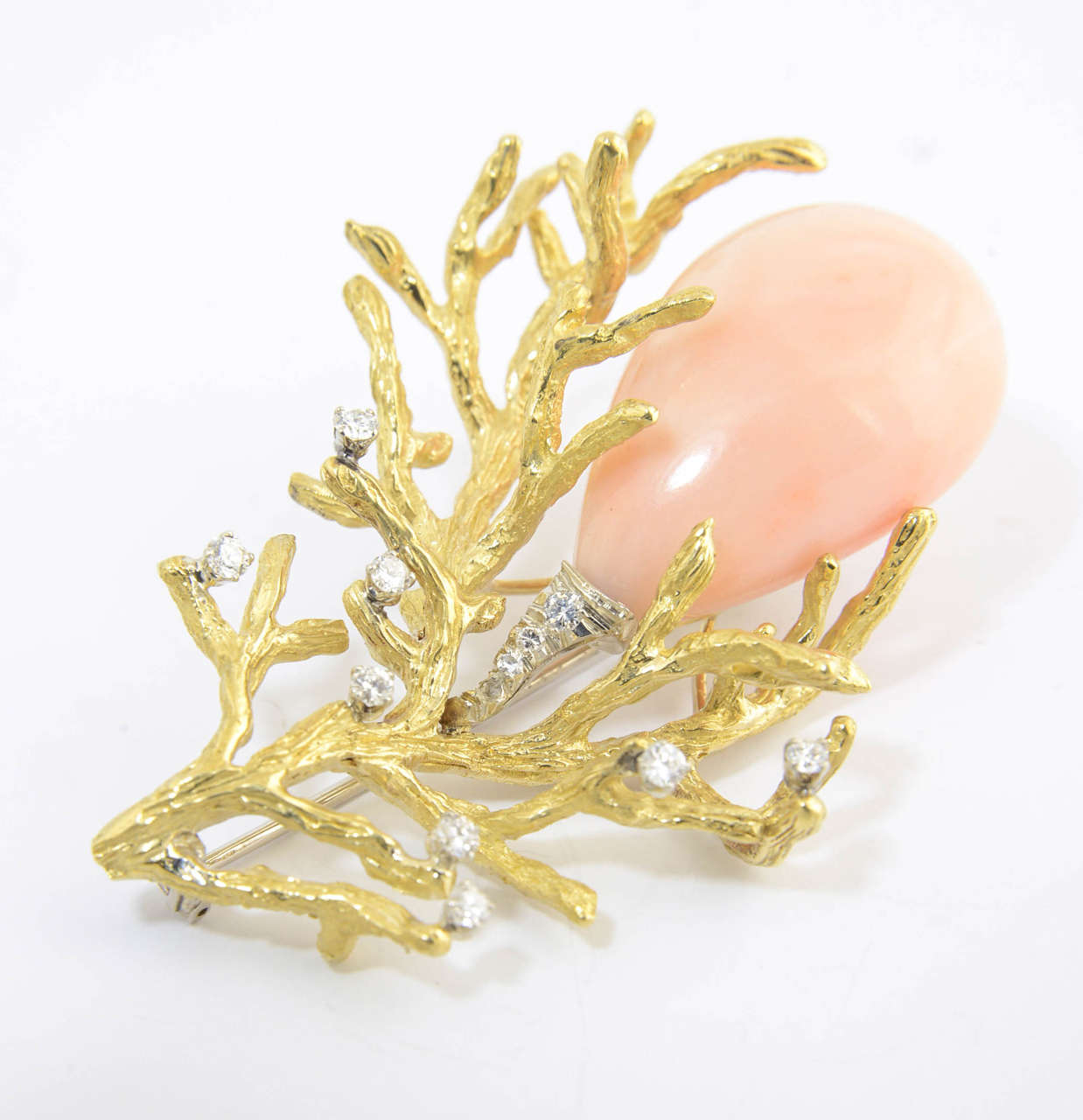 1960s Angel Skin Coral and Diamond Gold Bark Branch Brooch For Sale 1