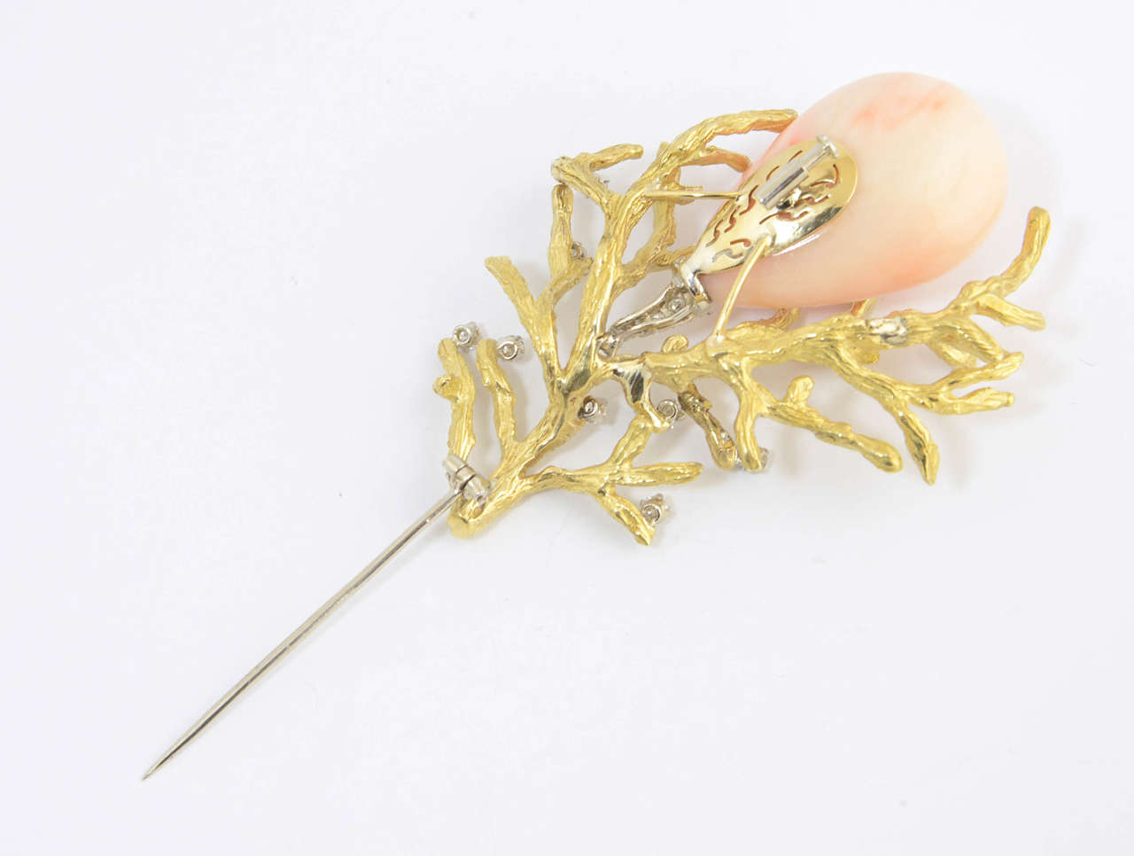 1960s Angel Skin Coral and Diamond Gold Bark Branch Brooch For Sale 3