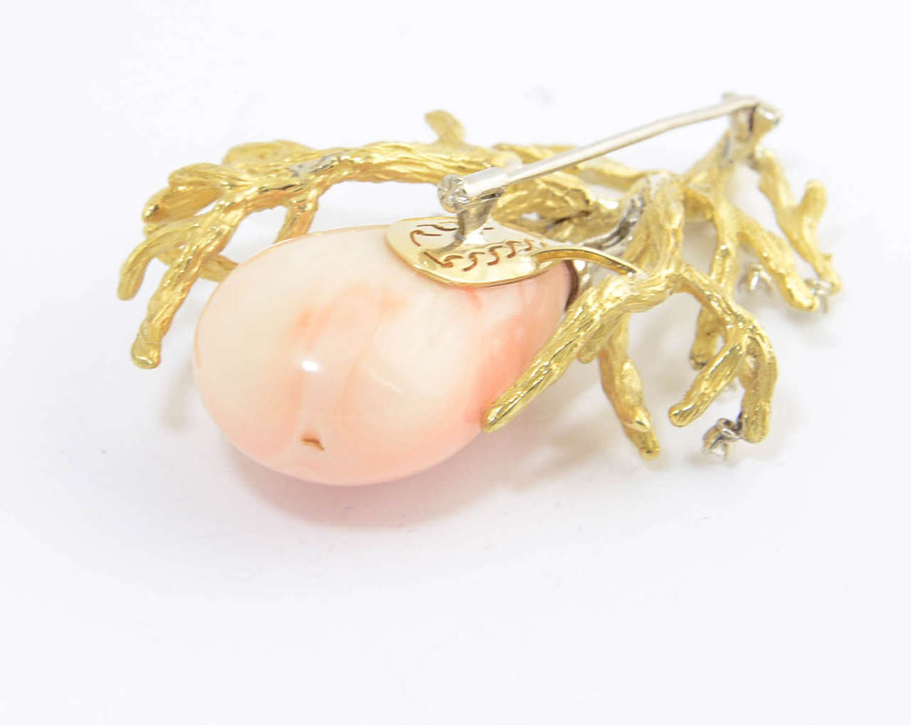 1960s Angel Skin Coral and Diamond Gold Bark Branch Brooch For Sale 3