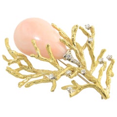 1960s Angel Skin Coral and Diamond Gold Bark Branch Brooch