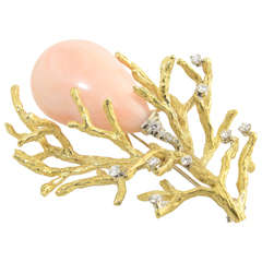 Vintage 1960s Angel Skin Coral and Diamond Gold Bark Branch Brooch