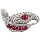 Art Deco Diamond 
Cabochon Ruby Pin, Platinum