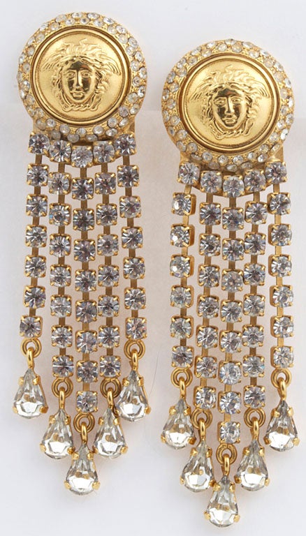 SPECTACULAR GOLD GILT AND RHINESTONE SIGNED CHANDELIER EARRINGS BY GIANNI VERSACE