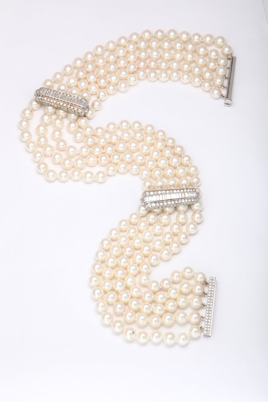 Contemporary Diamond and 5 Row Pearl Necklace For Sale