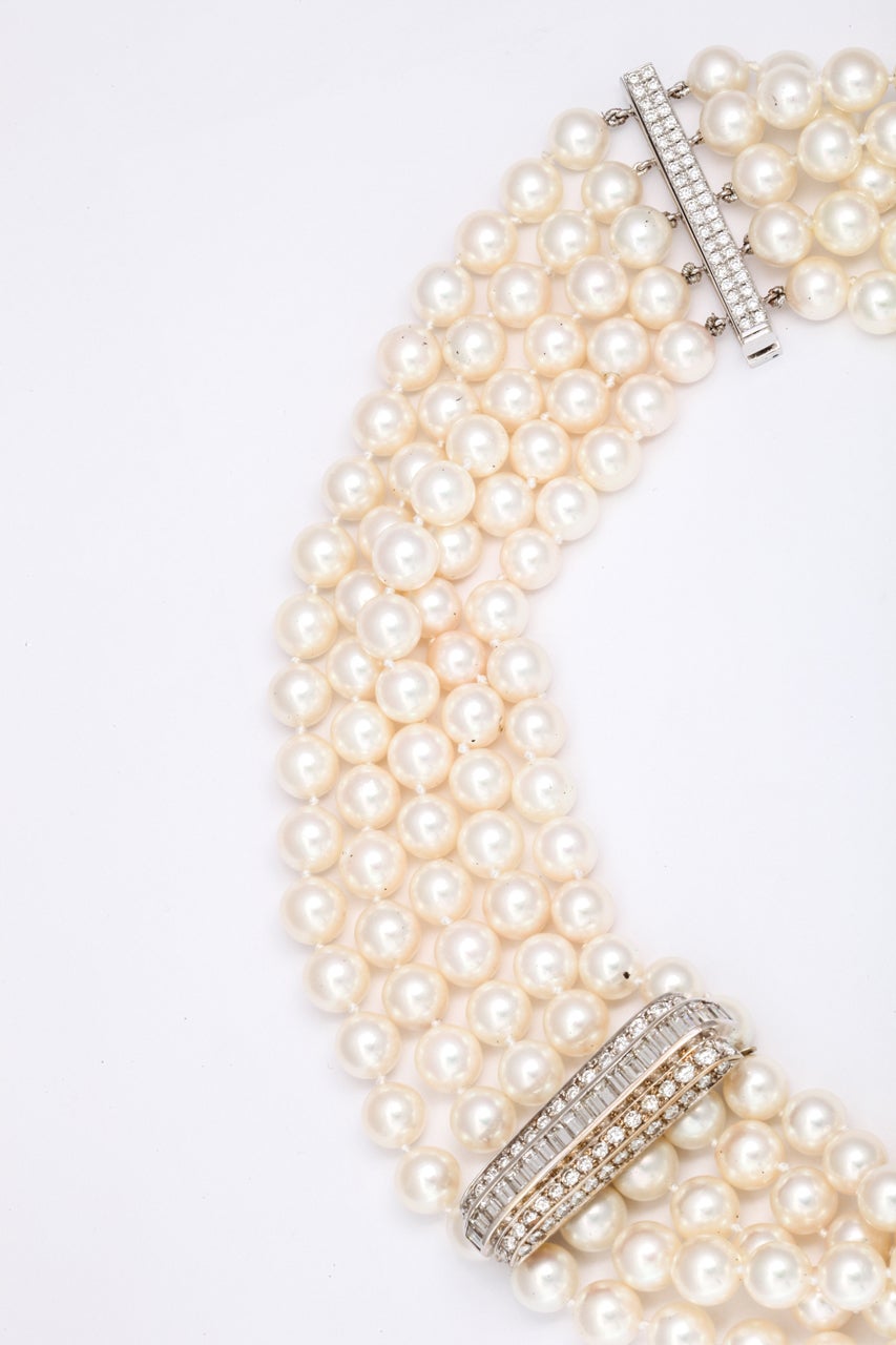 Diamond and 5 Row Pearl Necklace In Excellent Condition For Sale In NY, NY