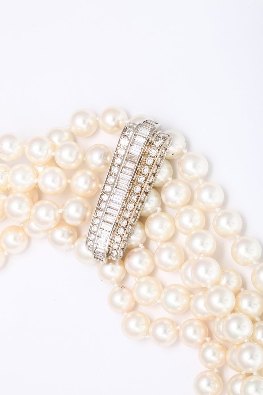 Diamond and 5 Row Pearl Necklace For Sale 1