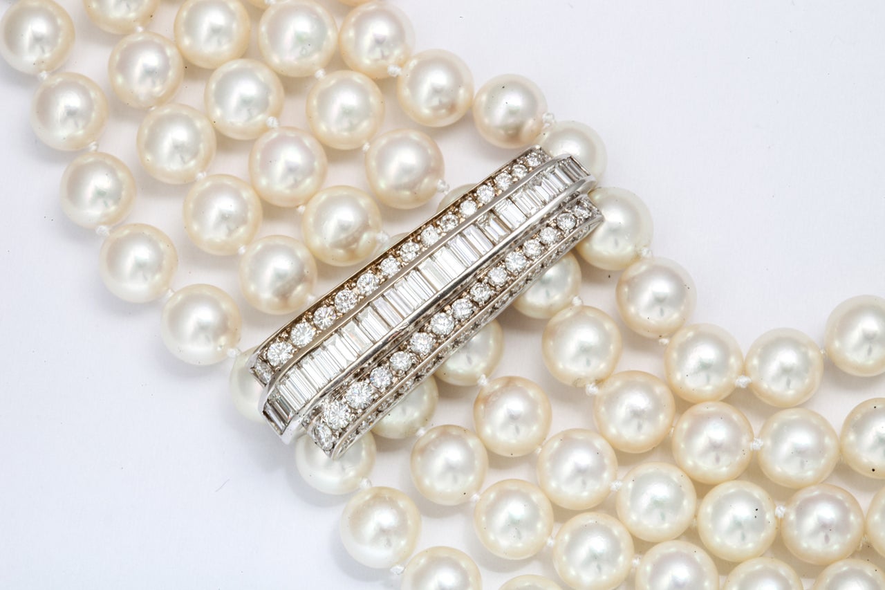 Diamond and 5 Row Pearl Necklace For Sale 2