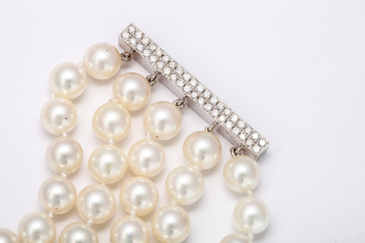 Diamond and 5 Row Pearl Necklace For Sale 4