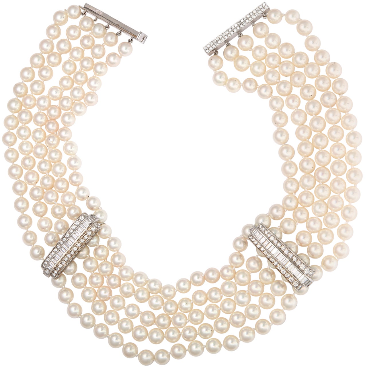Diamond and 5 Row Pearl Necklace For Sale