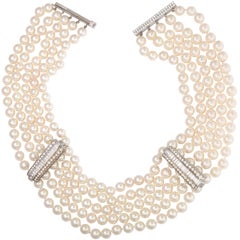Diamond and 5 Row Pearl Necklace