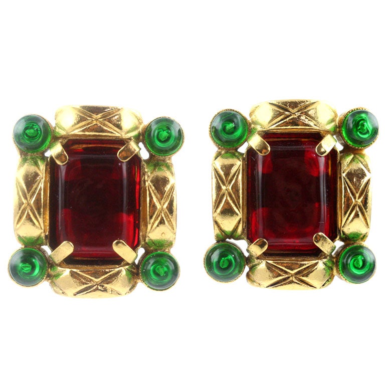 Gilt Metal and Poured Glass Ear Clips by Chanel