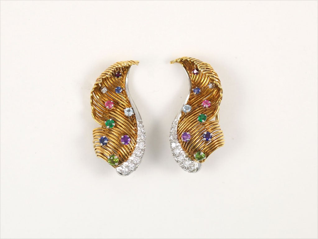 Multi-gem “Feather” Clip-Earrings
