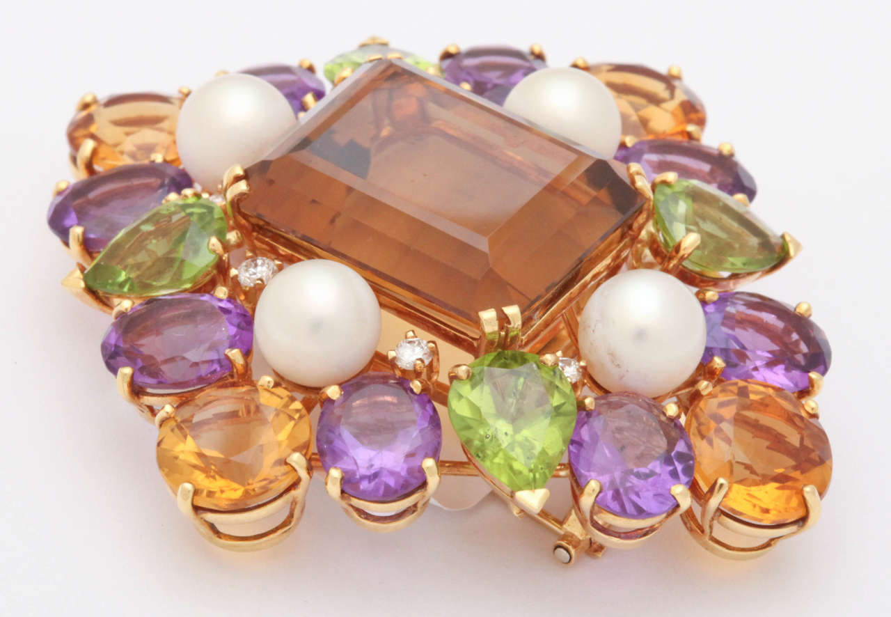 Contemporary Impressive Colored Stone Pearl Gold Brooch For Sale
