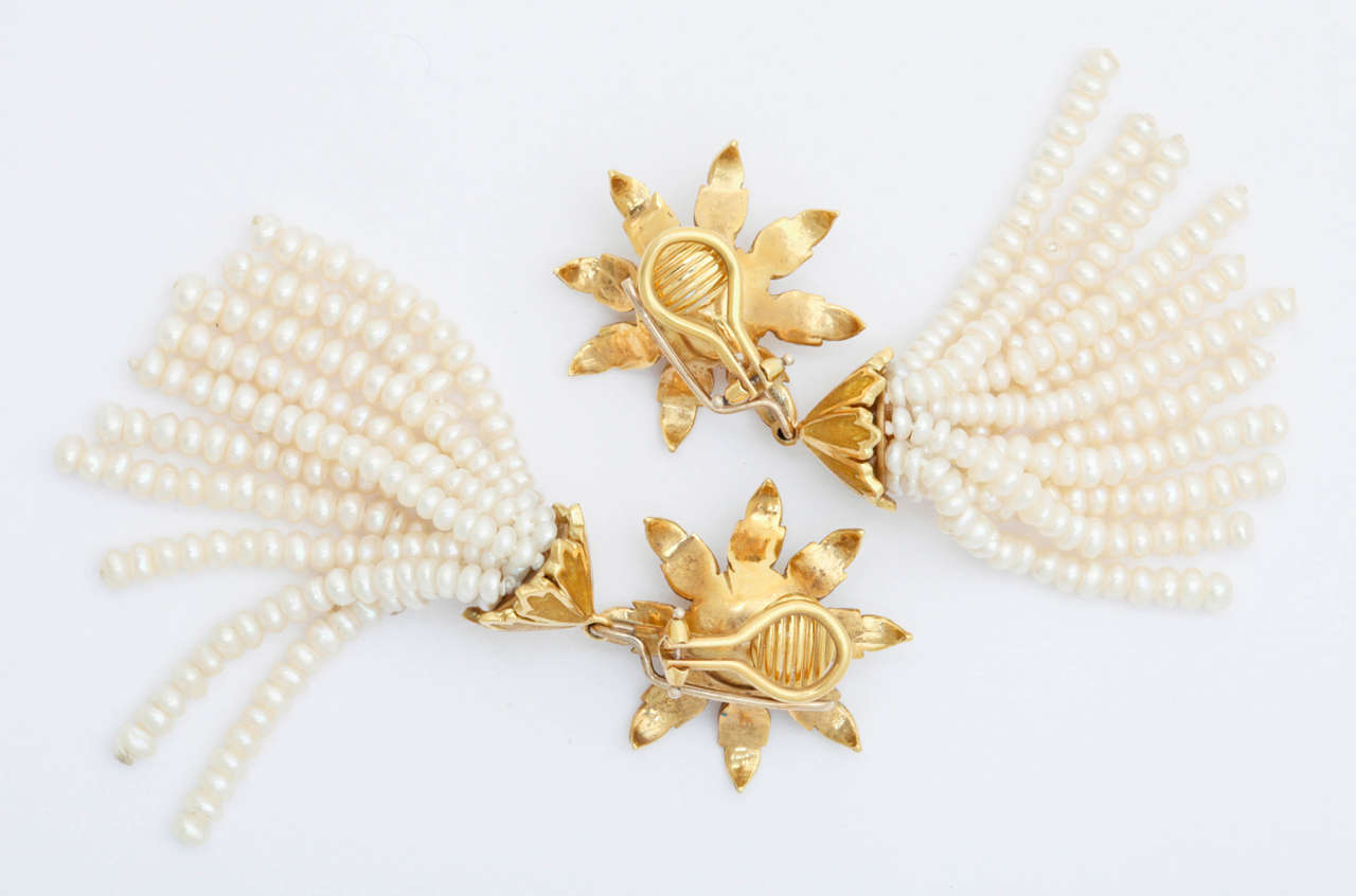 Contemporary Enamel Pearl Flower Tassel Gold Earrings For Sale