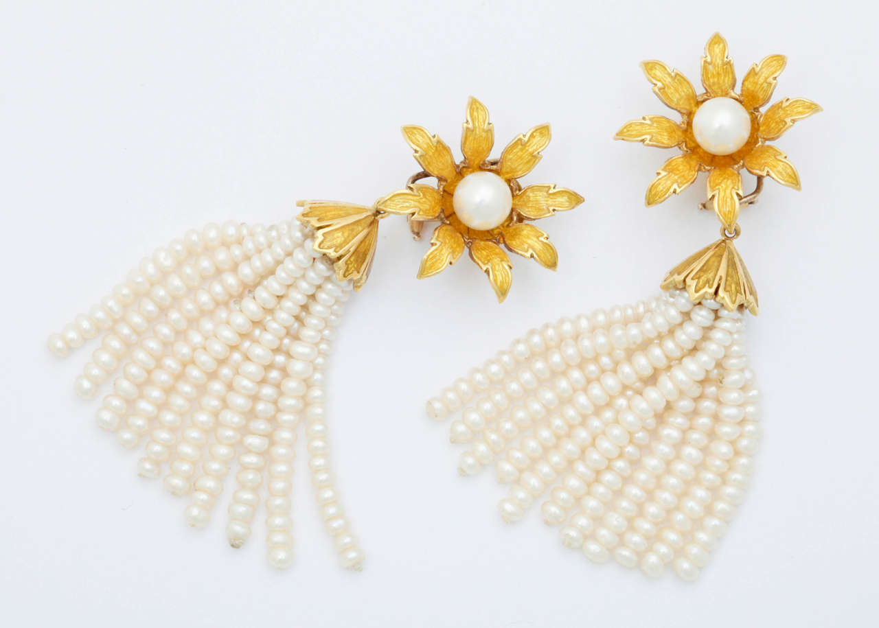 Enamel Pearl Flower Tassel Gold Earrings In New Condition For Sale In TRYON, NC