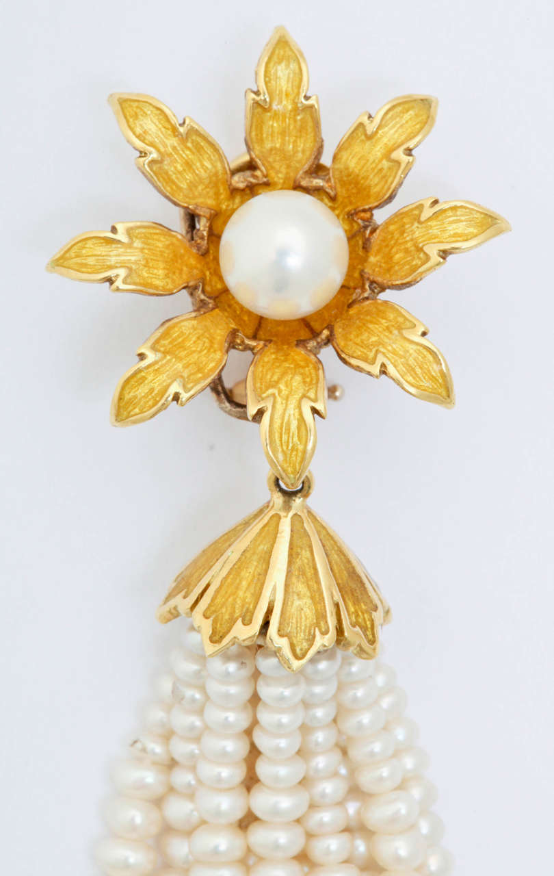 Women's Enamel Pearl Flower Tassel Gold Earrings For Sale