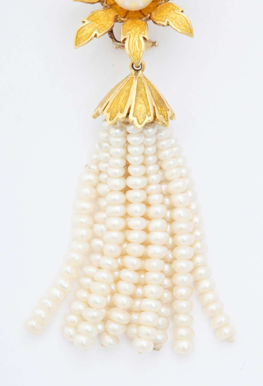 Enamel Pearl Flower Tassel Gold Earrings For Sale 1