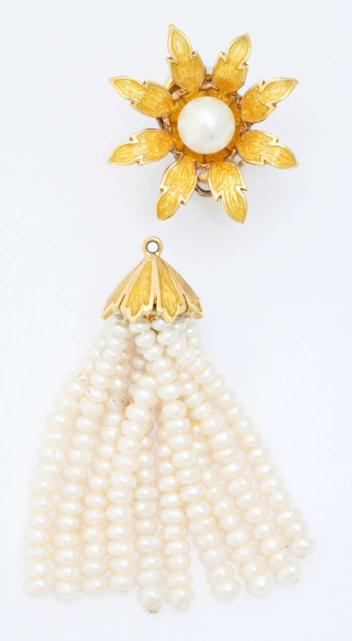 Enamel Pearl Flower Tassel Gold Earrings For Sale 2