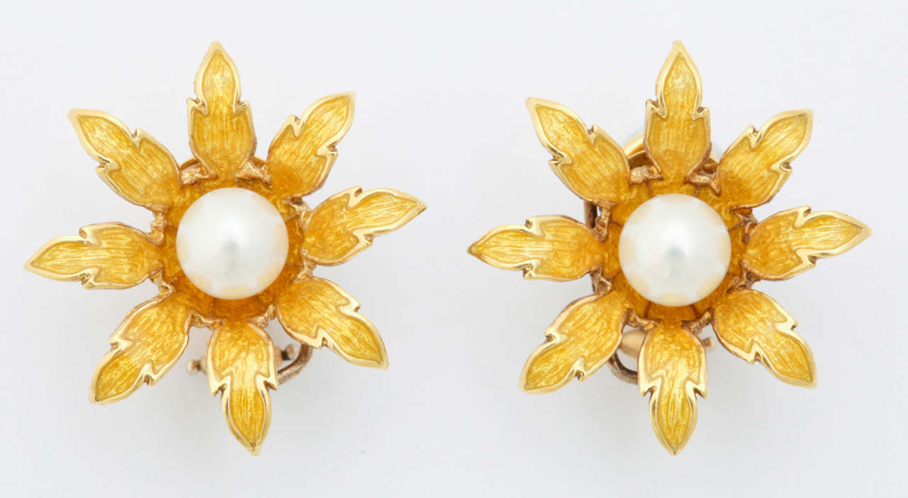 Enamel Pearl Flower Tassel Gold Earrings For Sale 3
