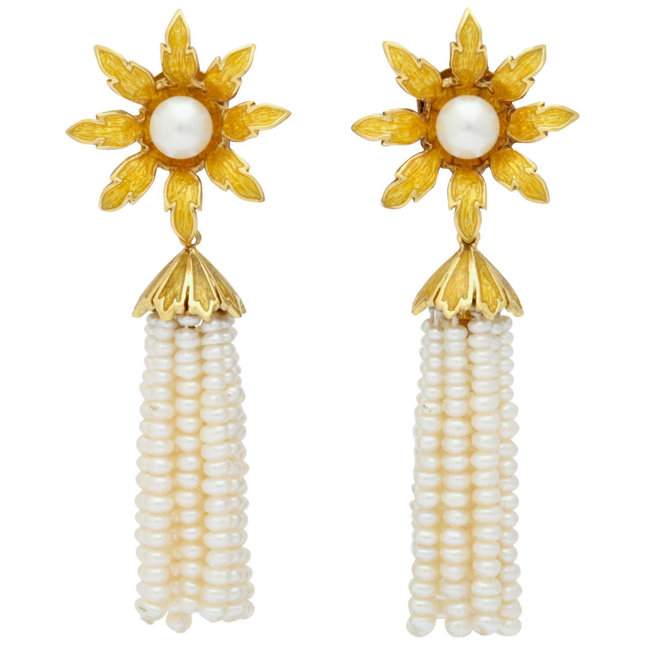 Enamel Pearl Flower Tassel Gold Earrings For Sale
