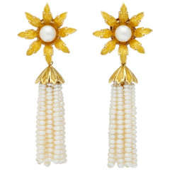 Enamel Pearl Flower Tassel Gold Earrings