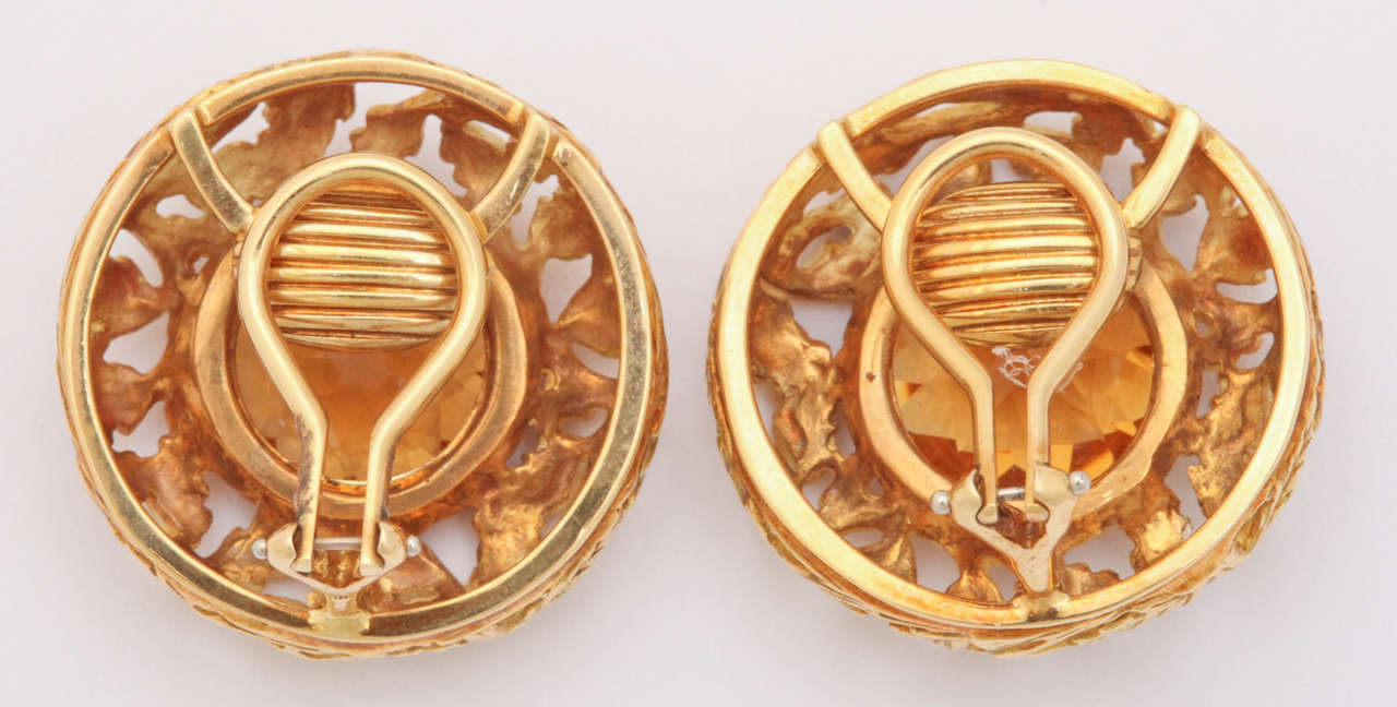 Artisan Citrine Gold Round Carved Leaf Earrings For Sale