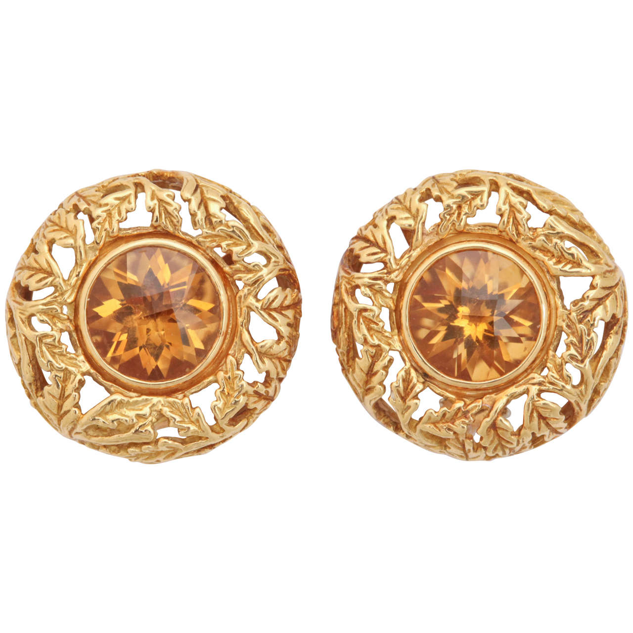 Citrine Gold Round Carved Leaf Earrings For Sale