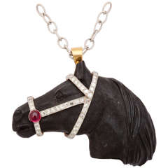 Elegant Black Onyx Ruby Diamond Horse Brooch Pendant