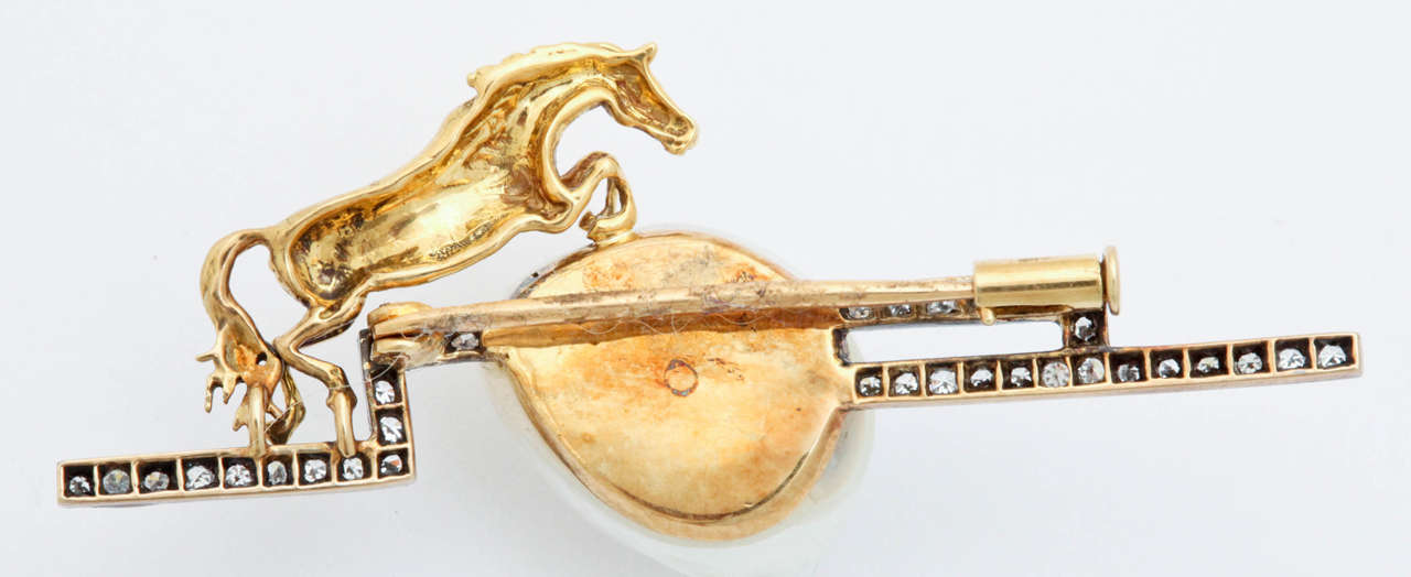 Artisan Gold and Diamond Horse Leaping over Pearl Brooch For Sale