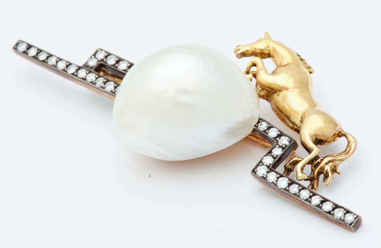 Gold and Diamond Horse Leaping over Pearl Brooch In New Condition For Sale In TRYON, NC