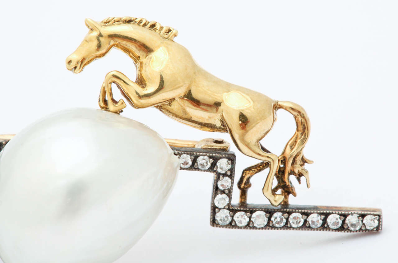 Women's or Men's Gold and Diamond Horse Leaping over Pearl Brooch For Sale