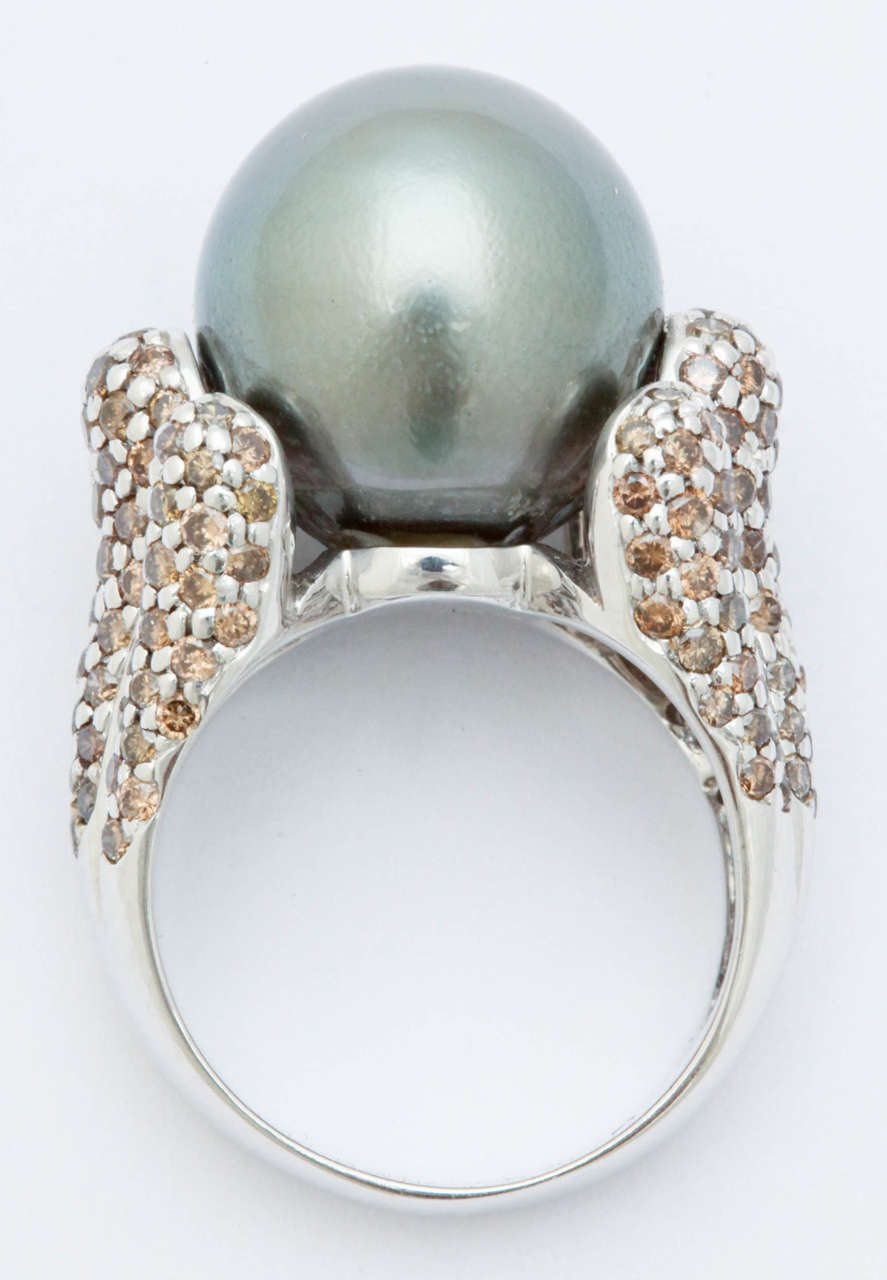 Tahitian Pearl Champagne Diamond Gold Ring For Sale 3