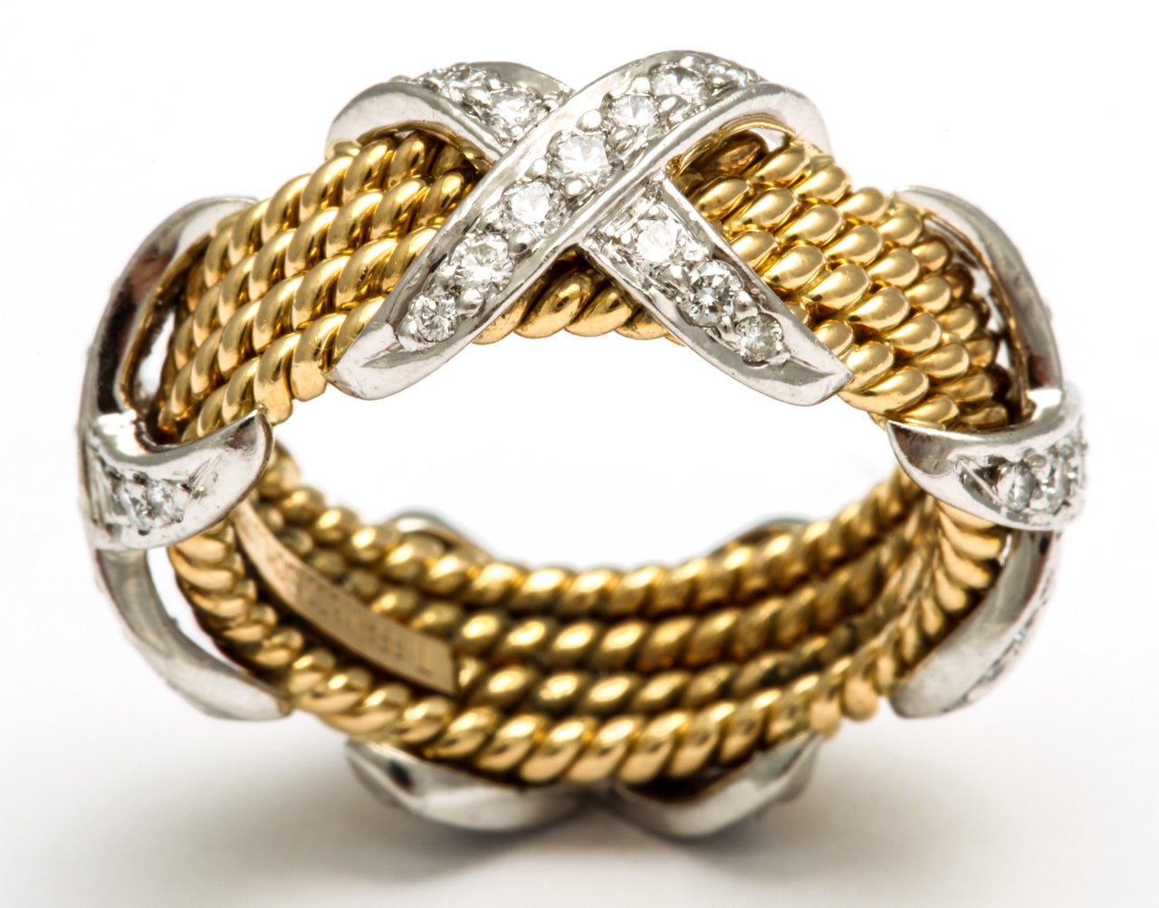 18kt yellow gold and platinum 4 row rope design band with diamonds made in an 