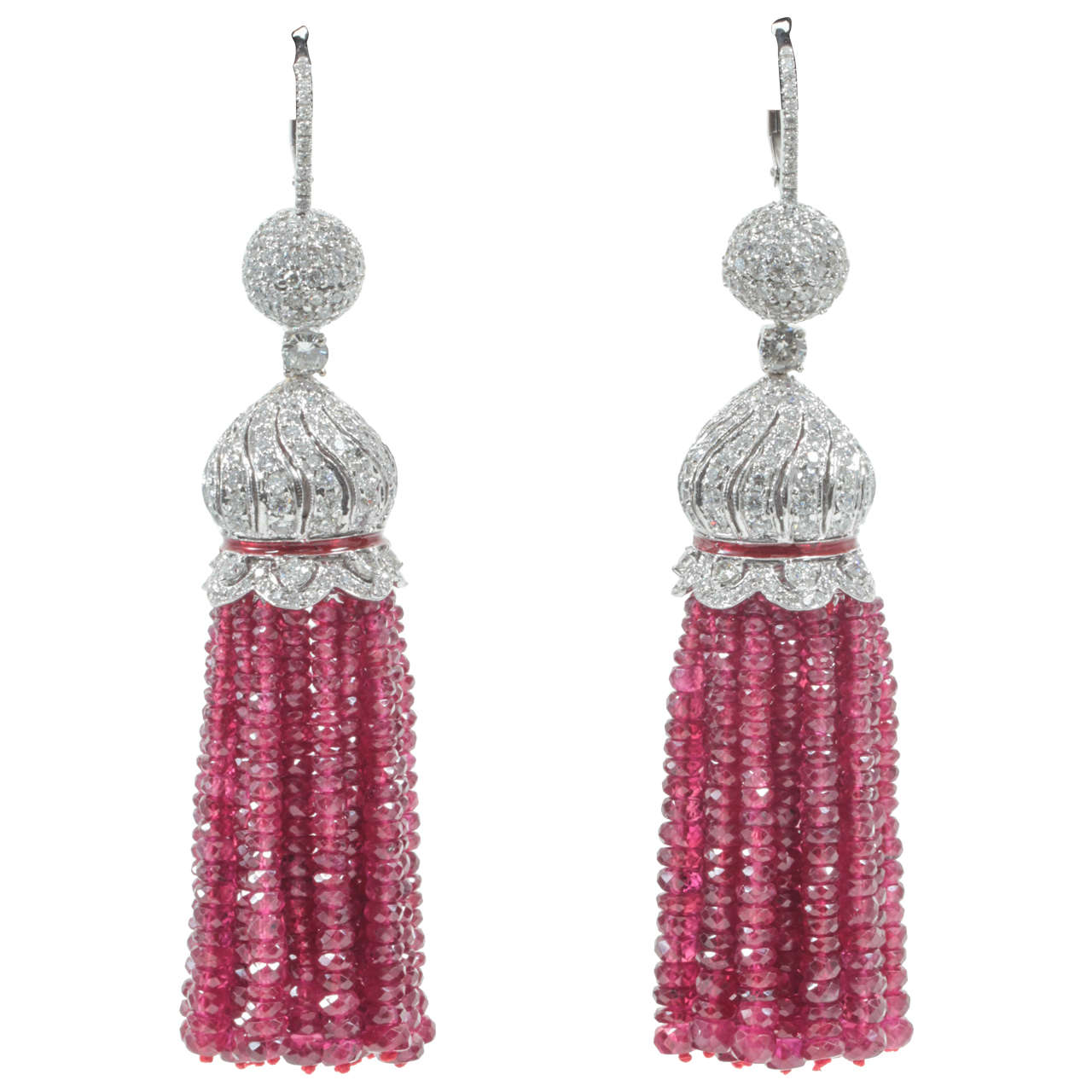 Two Hundred Carat Burma Ruby Beads Diamond Tassel Earrings